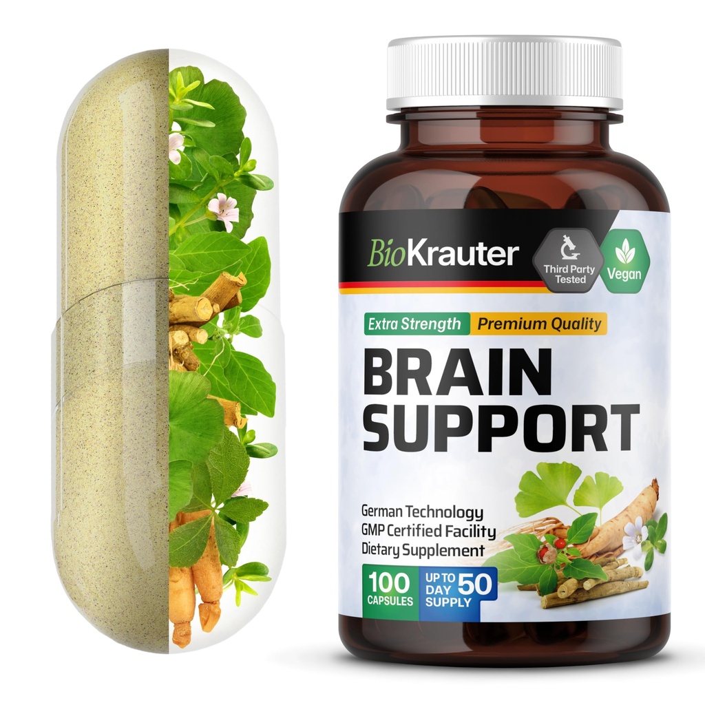 BIO KRAUTER Brain Supplement - 100 Conte - 1300 mg Blend de Ashwagandha, Panax Ginseng și Ginkgo Biloba - Vegan, No Fillers