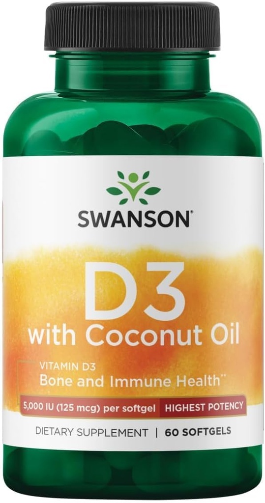 Swanson High Potence Vitamina D-3 w/Coconut - Suplimentul natural de promovare a sănătății osoase și a sistemului imunitar - Poate ajuta la creșterea absorbției de calciu - (60 Softgels, 125mcg Fiecare)