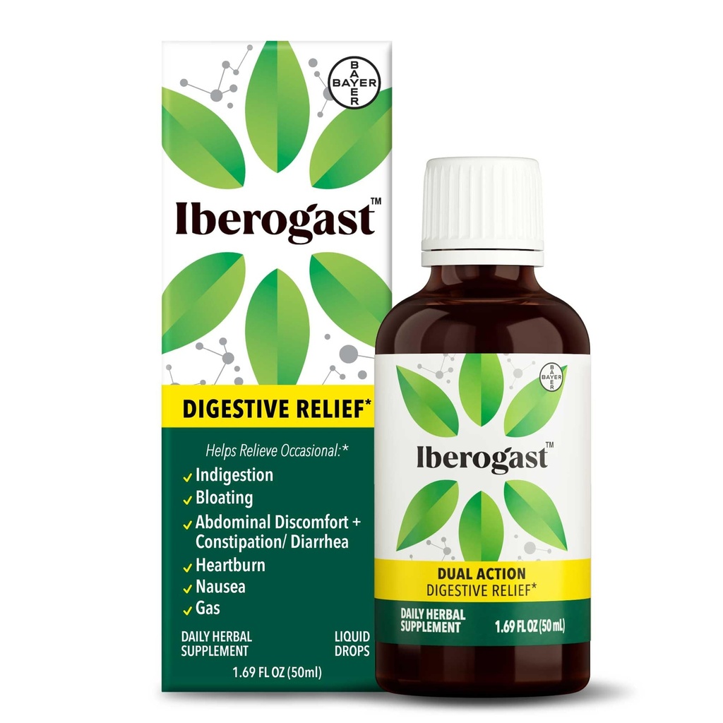 Picături lichide de tip Iberogast, Relief Herbal of Stomac Upssets: Indigestie ocazională, Blooting, Gaz, Greață, Stomac supărat; Gluten Free; 6-Herb Blend cu Iberis Amara, Peppermint, Licorice; 50mL