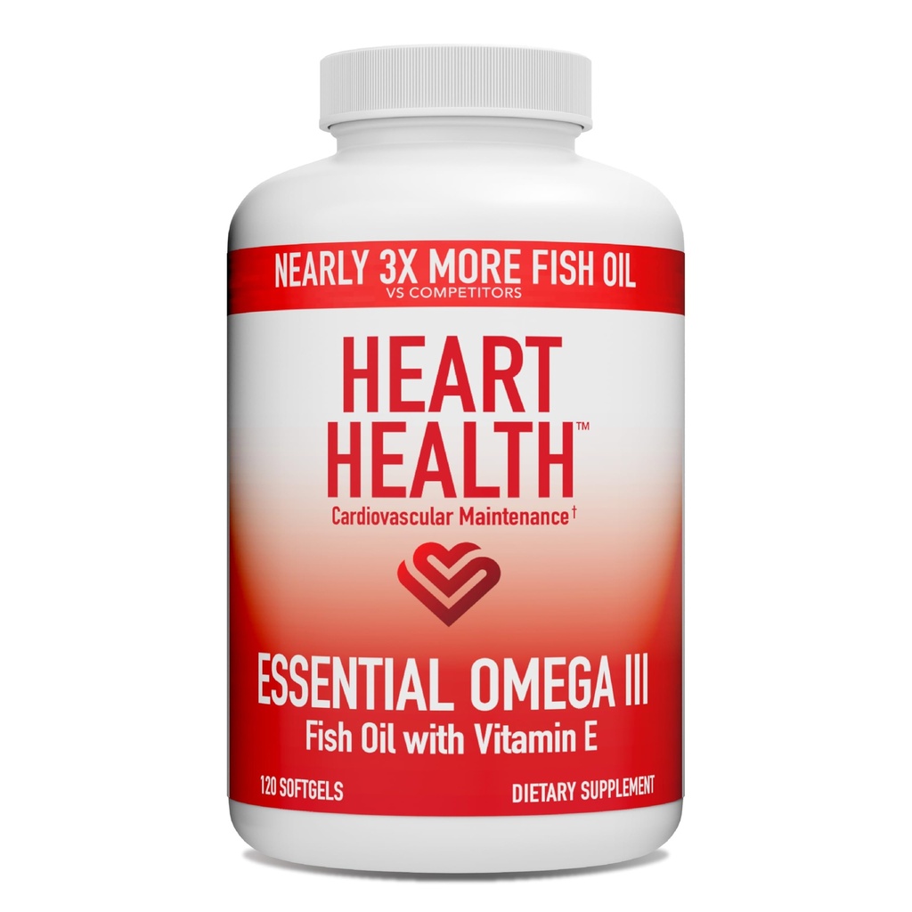Heart Health Essential Omega 3 Fish Oil with Vitamin E - High Potence Omega 3 Fish Oil Supplement with EPA & DHA - Burpless Softgels from Sardines & Anchovies - Non-GMO, Gluten Free - 60 Servings
