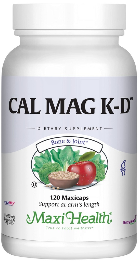 Maxi Health Bărbaţi şi femei 500 mg Supliment de calciu cu vitamina D3 (2000 UI), magneziu (250 mg) şi vitamina K2 (150 mcg) - Oase, dinţi şi suport comun - 120 capsule