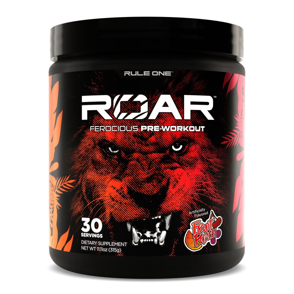 Regula 1 R1 Roar - Praf de pregătire prealabilă cu Creatină, Beta-Alanină, Citrulină, Electroliți și Cafeină (30 Servings, Punch de fructe)