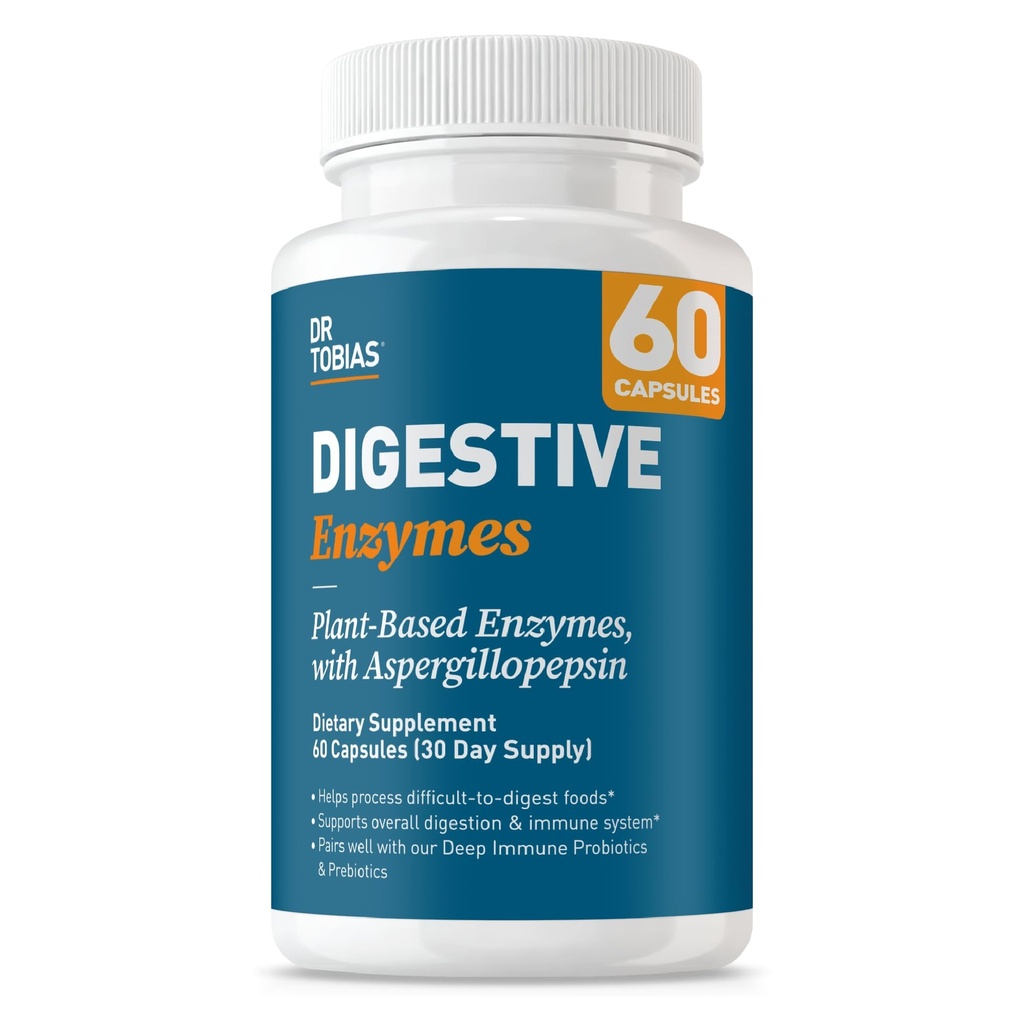 Dr. Tobias Enzime digestive cu Amylase, Bromelain, Lipase, Lactase, Protează, Papain & More, Digestion Supplement cu 18 Enzime pentru Digestie si Sanatate Gut, 60 Capsule, 30 Servings