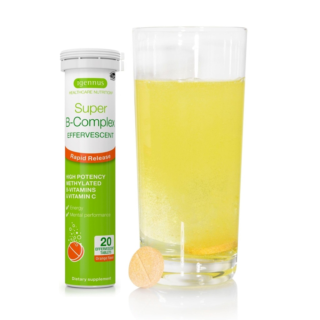Igennus Super B-complex Lichid metilat B-Vitamina Efervescent Supliment, Acţiune rapidă Energy Drink, Cafeina & Sugar-Free, Orange Flavor, Vegan, 20 comprimate