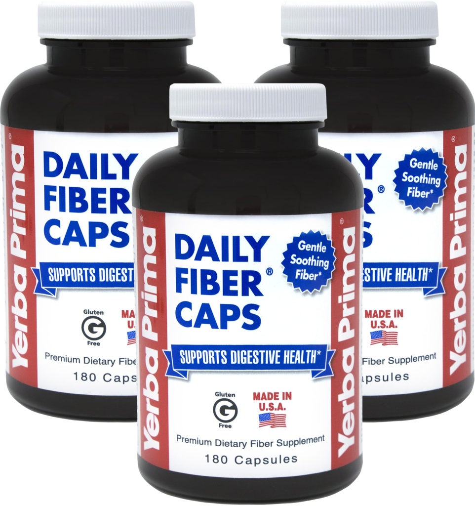 Yerba Prima Daily Fiber Capsule, 180 Capace (Pachet de 3) - Soluble Dieter Fiber Supplement - Colon Cleanse - Gut Health - Constipație Relief, Vegan, Non-GMO, Gluten-Free