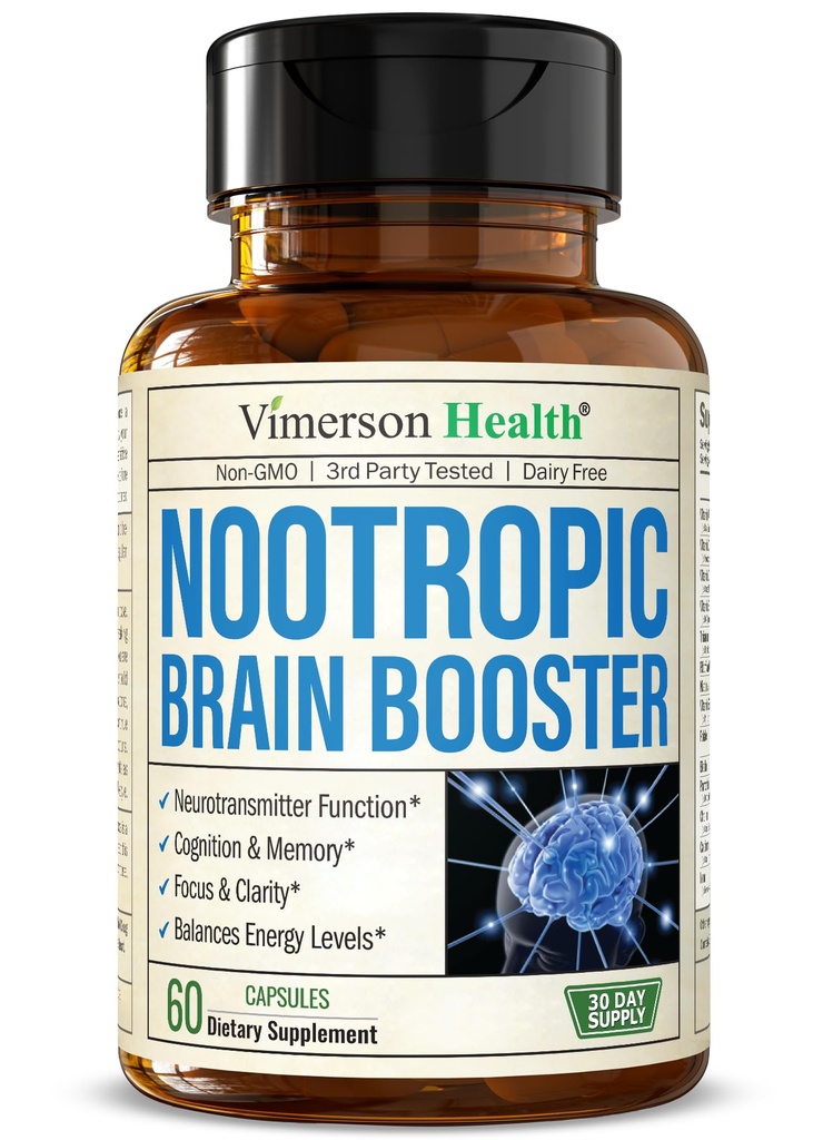 Nootrops Brain Supplement - Nootrop Brain Booster pentru Imbunatatirea Focusului, Concentrare & Memorie. Brain Nootrop pentru Brain Health, Mood & Energy Support. Non-GMO. Made in the USA. 60 Capsule
