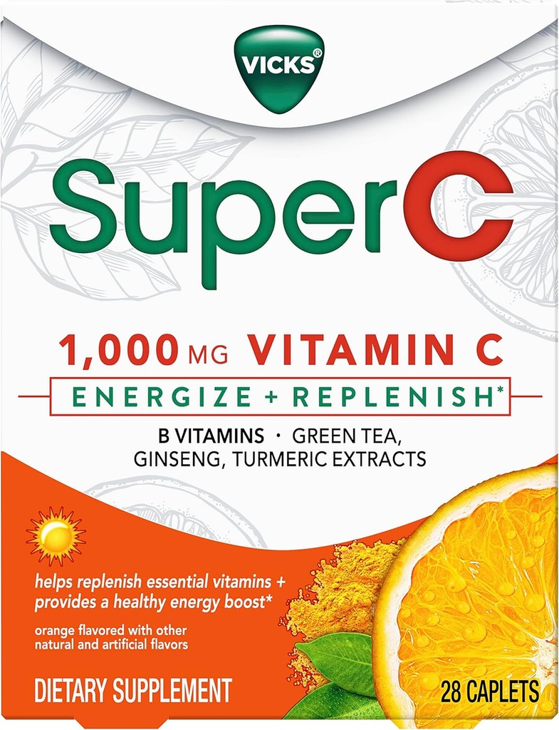 Vicks Super C Energize + Replenish Daytime Supliment alimentar cu vitamina C, B Vitamine, Ceai verde, Ginseng, și extracte Turmeric pentru a ajuta la realimenta vitamine esențiale*, 28 Caplete