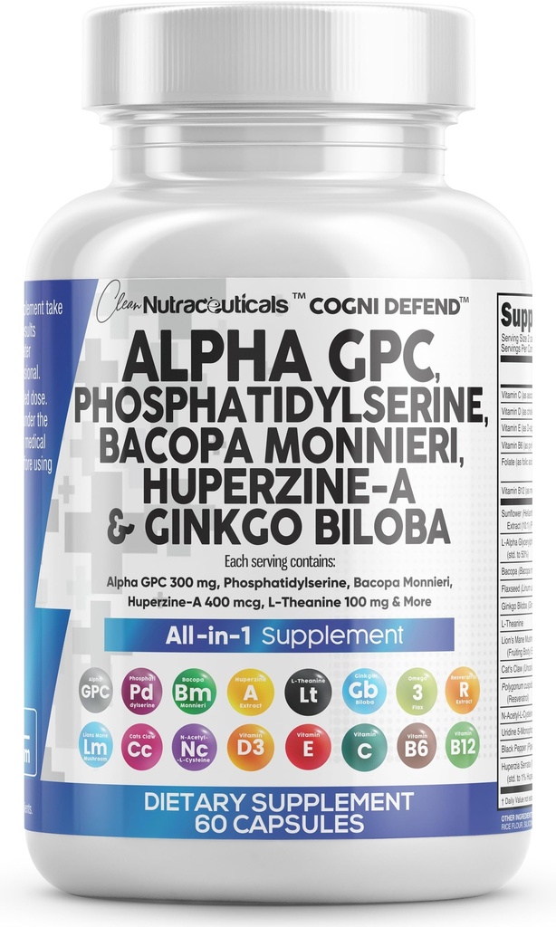 Suplimentul cerebral Alpha GPC 300mg Fosfatidilserine Bacopa Monnieri Ginkgo Biloba Lions Mane Huperzine A L- Theanin NAC Nootrop Memory Focus Suport cognitiv Vitamine B C D E 60 Capsule SUA