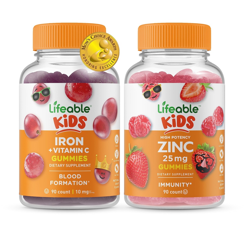Iron & Vitamina C Lifeable Copii + Zinc 25mg Copii, Gume Bundle - mare Tasting, Supliment de vitamine, Gluten gratuit, OMG gratuit, Guma de mestecat