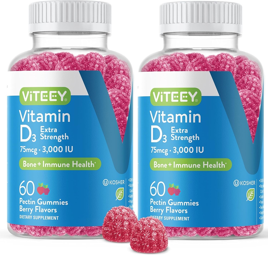 Vitamina D3 Gumiile pentru adulţi şi adolescenţi - 3000 UI, 75mcg, Rezistenţă suplimentară - Sănătatea articulară şi musculară, Boost imunitar - Gume de vitamina D mestec - Vegetarian, Gelatină fără gust - Guma de mestecat cu aromă de berry