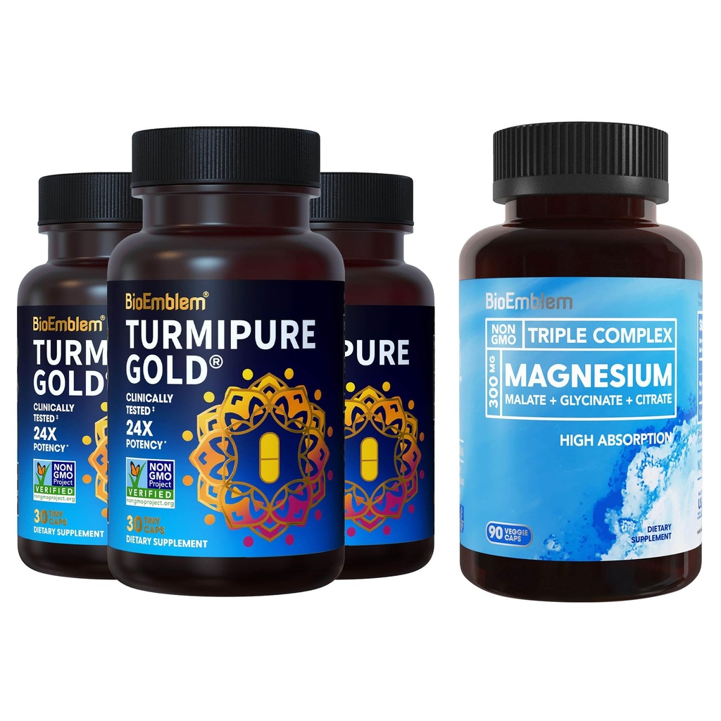 BioEmblem Triple Magneziu Complex și BioEmblem Curcumin Turmeric cu Studiat clinic TurmiPure - Suport comun, Inflamație sănătoasă Suplimente Turmerice