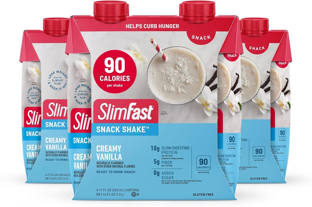 SlimFast Snack Shake, 90 Calorie Fiber Shake, gata de băut, băutură proteică, cremă de vanilie, 12 conte