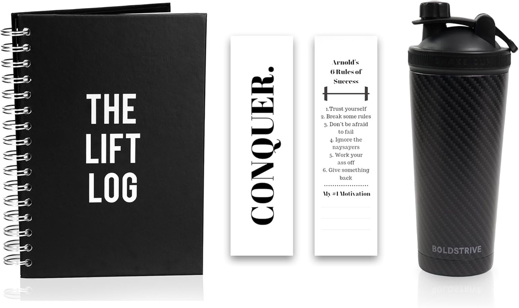 Sticla de Shaker Proteina din Otel inoxidabil, Sticla de apa izolata cu Black Carbon Fiber Wrap & Workout Journal cu semn de carte 6 Luna nedatat Daily Fitness Journal