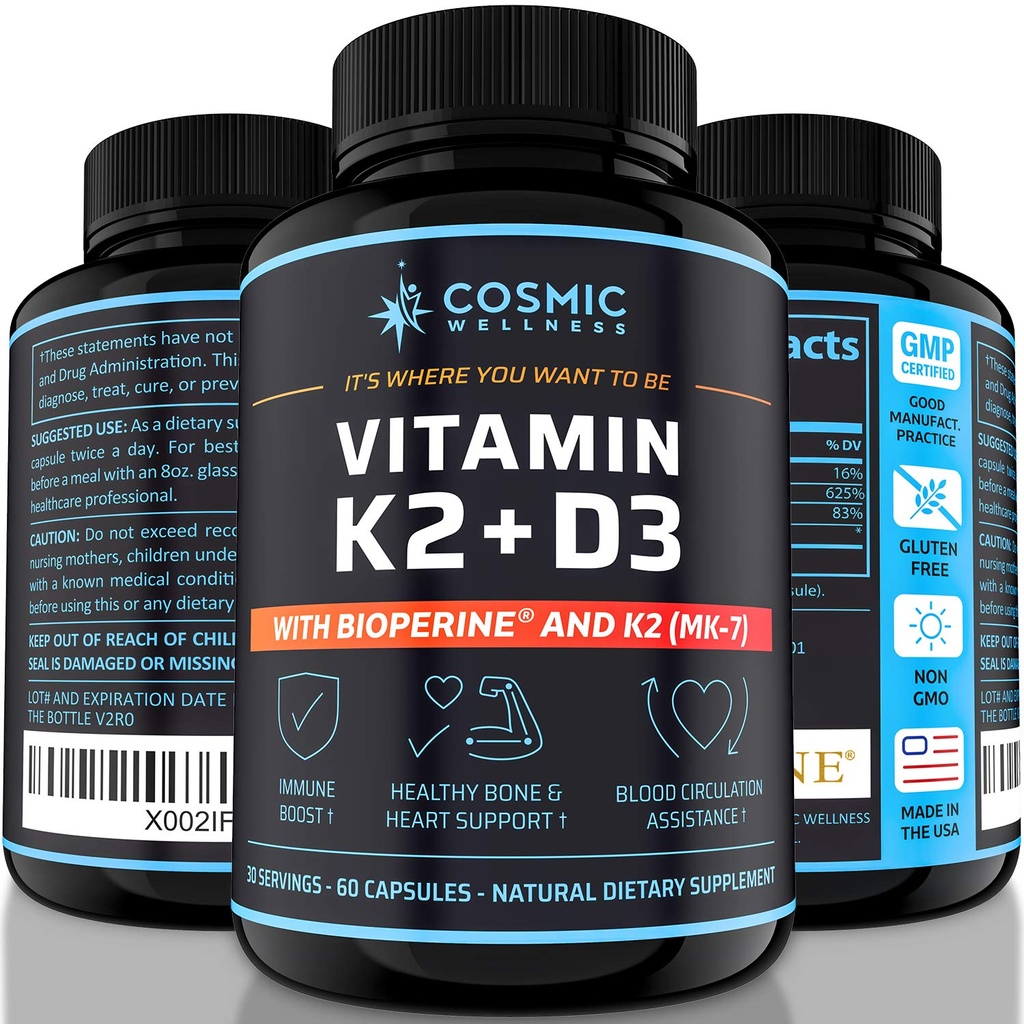K2 D3 Suplimentul de vitamine 5000 Iu - pentru oase mai sănătoase, sânge, inimă, și o mai bună imunitate - Amortizare îmbunătățită de calciu cu bioperină - 100% Natural și Allergen-Free - Vitamina D3 K2 Mk7 5000 Iu