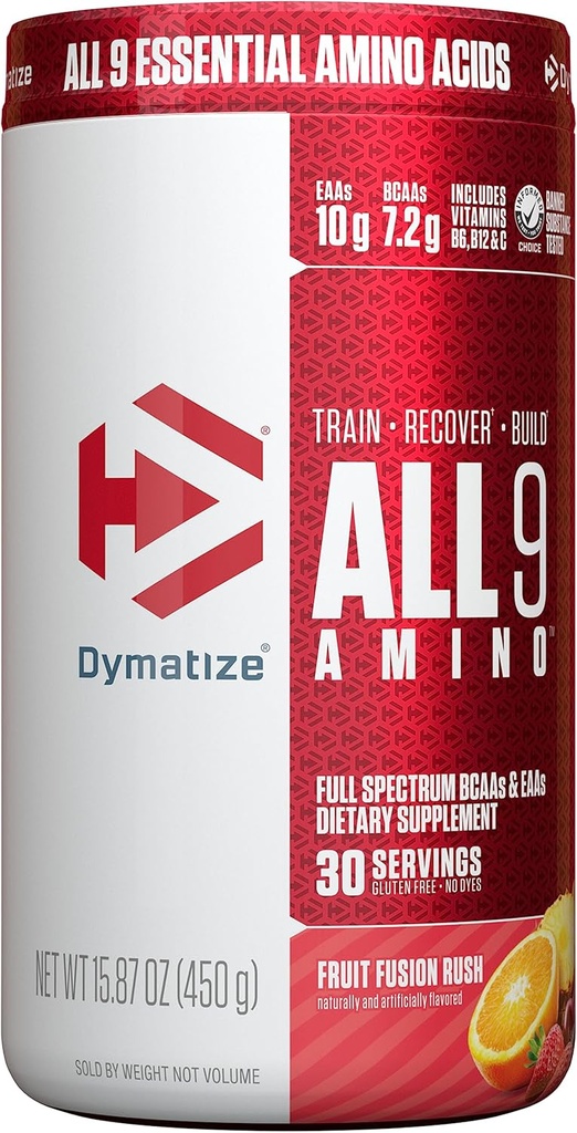 Dymatize All9 Amino, 7,2g de BCAAs, 10g de Aminoacizi esențiali spectru complet per servire pentru recuperare și Sinteza proteinelor musculare, Fuziune de fructe Rush, 30 Serviri, 15.87 Ounce