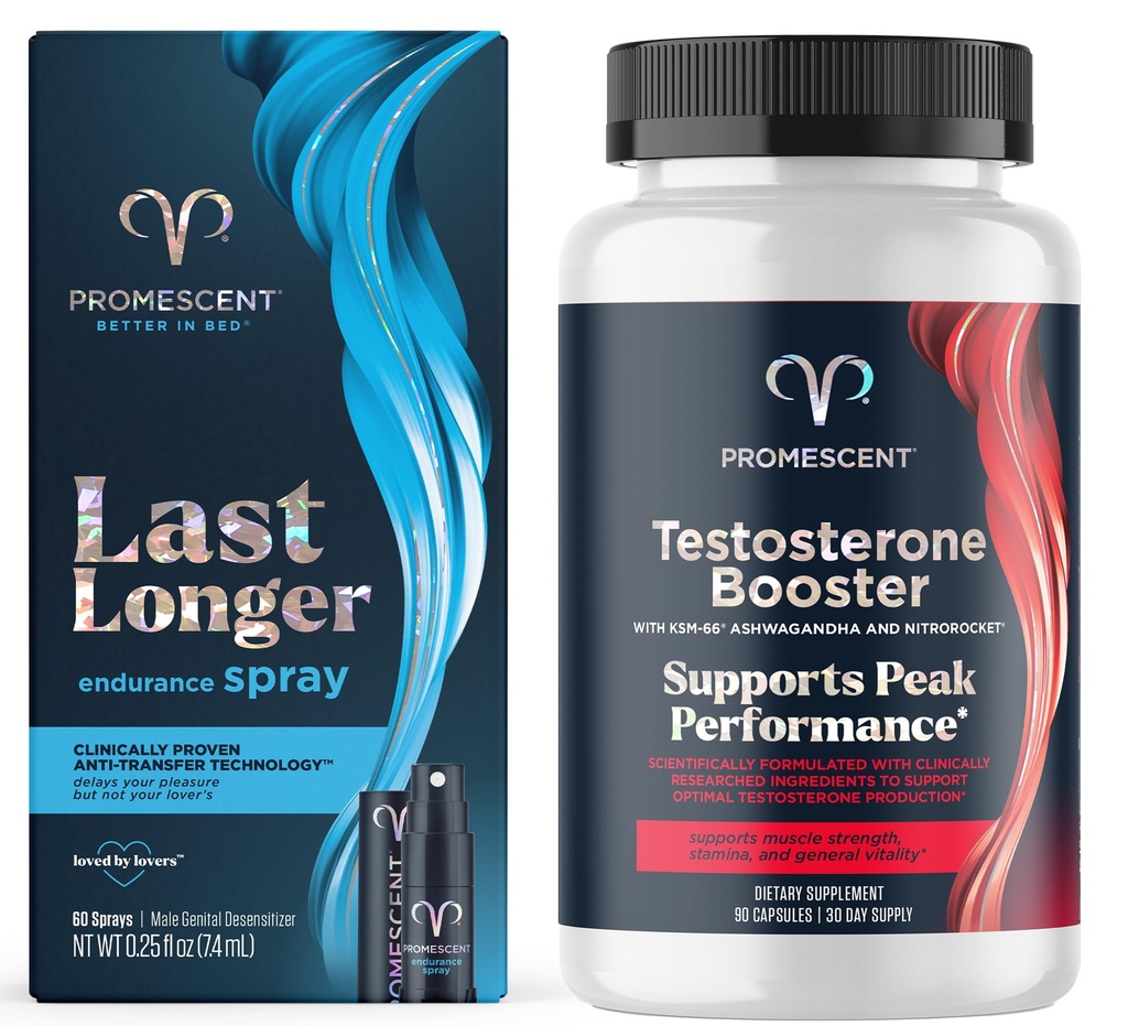 Promescent intarziere Spray pentru el (7,4ml) + Testosteron Booster pentru barbati Supliment cu Tongkat Ali (LongJack), KSM-66 Ashwagandha, Horny Goat buruieni, energie, rezistenta