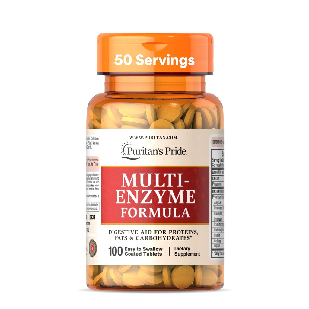 Puritan's Pride Multi-Enzime Formula, Digestive Ajutor pentru proteine, grăsimi, și Carbohidrați, Dietary Supplement pentru Digestion și Healthy Gut Support, 50 Day Supply, 100 Ușor de înghițit comprimate acoperite