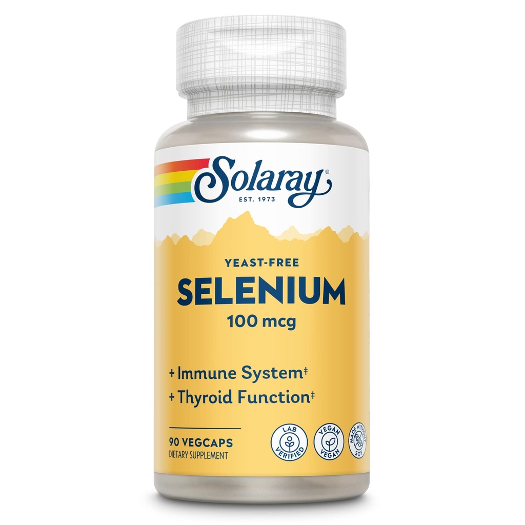 SOLARAY Seleniu 100 mcg Supliment pentru femei si barbati - Seleniu 100mcg Capsule, Suport pentru sanatate tiroidiana si imuna, Drojdie, L Selenometionina, Suport Antioxidant, Vegan - 90 Veg Caps