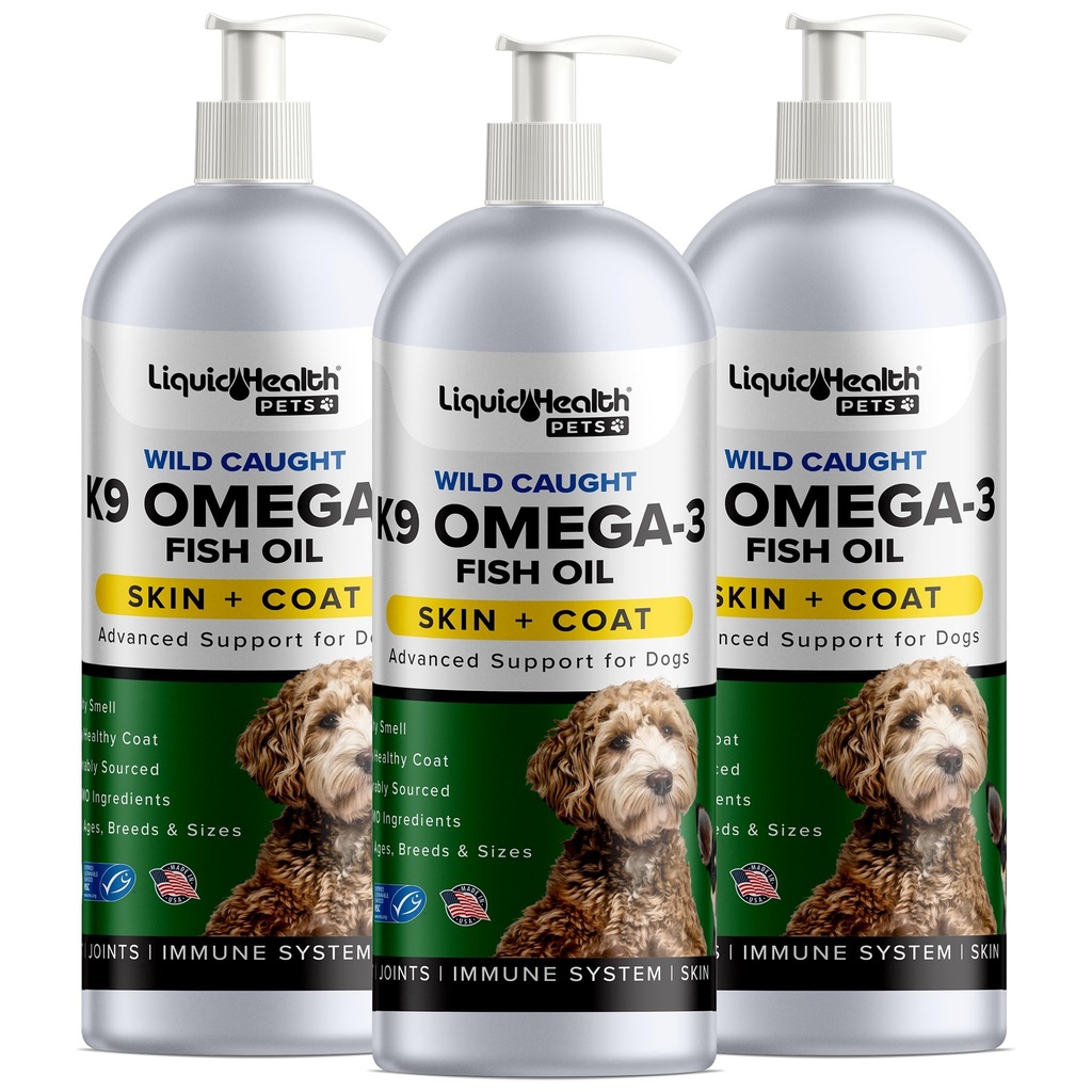 Lichide de sănătate Animale de companie K9 Omega 3 ulei de pește pentru câini - lichid Omega 3 Supliment pentru animale de companie cu EPA + DPA + DHA - Reduceți mâncărime și vărsare, articulații de sprijin, imunitate, creier, inima de sănătate - Statele Unite ale Americii Made (3 Pack)