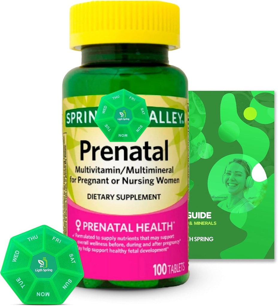 Multivitamine prenatale/Multimineral 100 comprimate cu vitamine și minerale exclusive Bundle - A to Z -Better Ligth&Spring Guide + Weekly Pill Organizator (3 elemente)