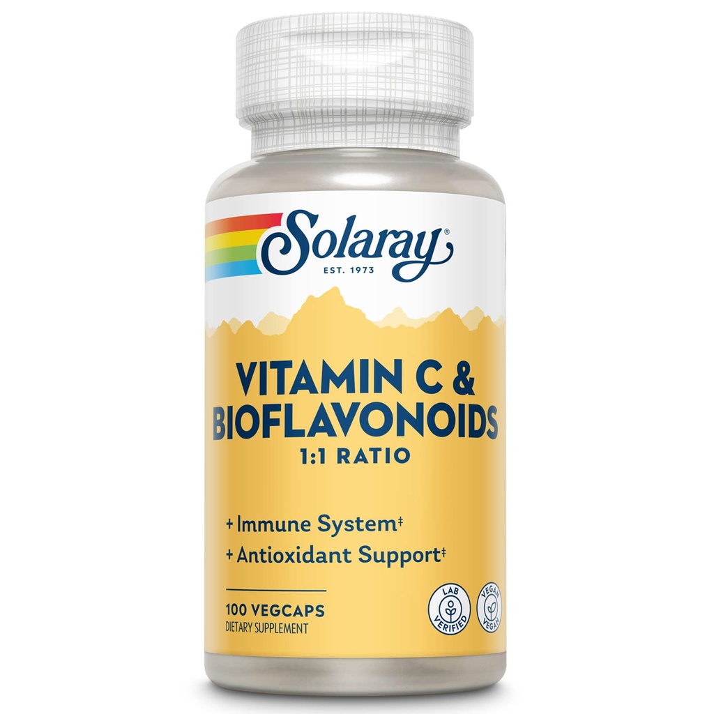 SOLARAY Vitamina C 500 mg cu Citrus Bioflavonoids, 1:1 Raportul - Antioxidant si Suplimentul de suport imun - Vitamina C cu Rose HIPS si acerola, Vegan, 60-Day Guarantee, 50 Serviri, 100 VegCaps