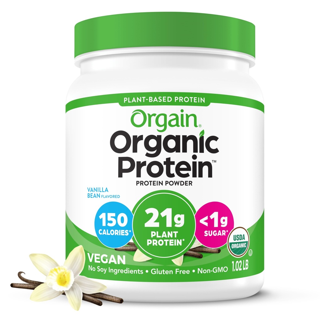Orgain Organic Vegan Pulbere de proteine, Vanilla Bean - 21g Proteina pe bază de plante, 4g Fibră prebiotică, Nu Ingrediente de lactoză, Fără adaos de zahăr, Non-GMO, Pentru Shakes & Smoothies, 1.02 lb (Packing May Vary)