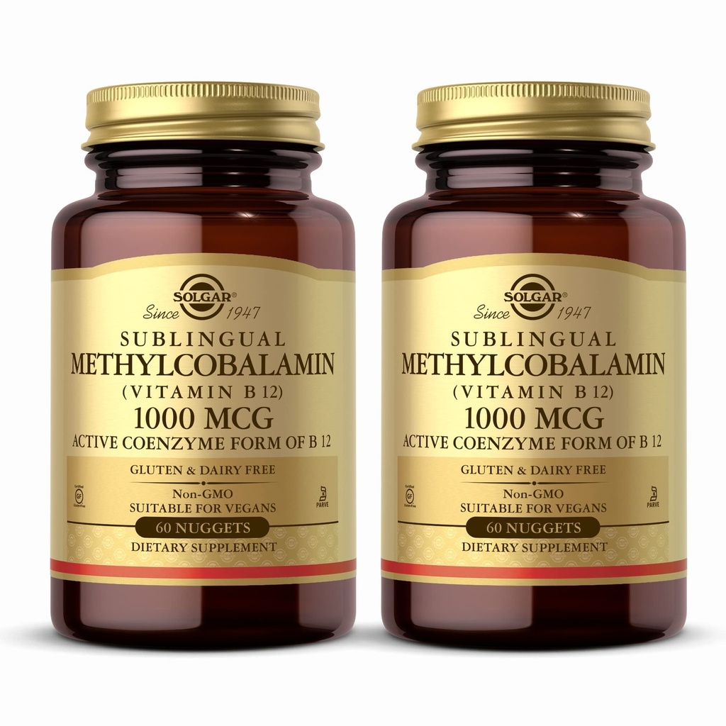 Solgar Metilcobalamină (Vitamina B12) 1000 mcg - 60 Nuggets, Pachet de 2 - Suportă metabolismul energetic - non-GMO, Vegan, Gluten Free, Dairy Free, Kosher - 120 Total Serviri