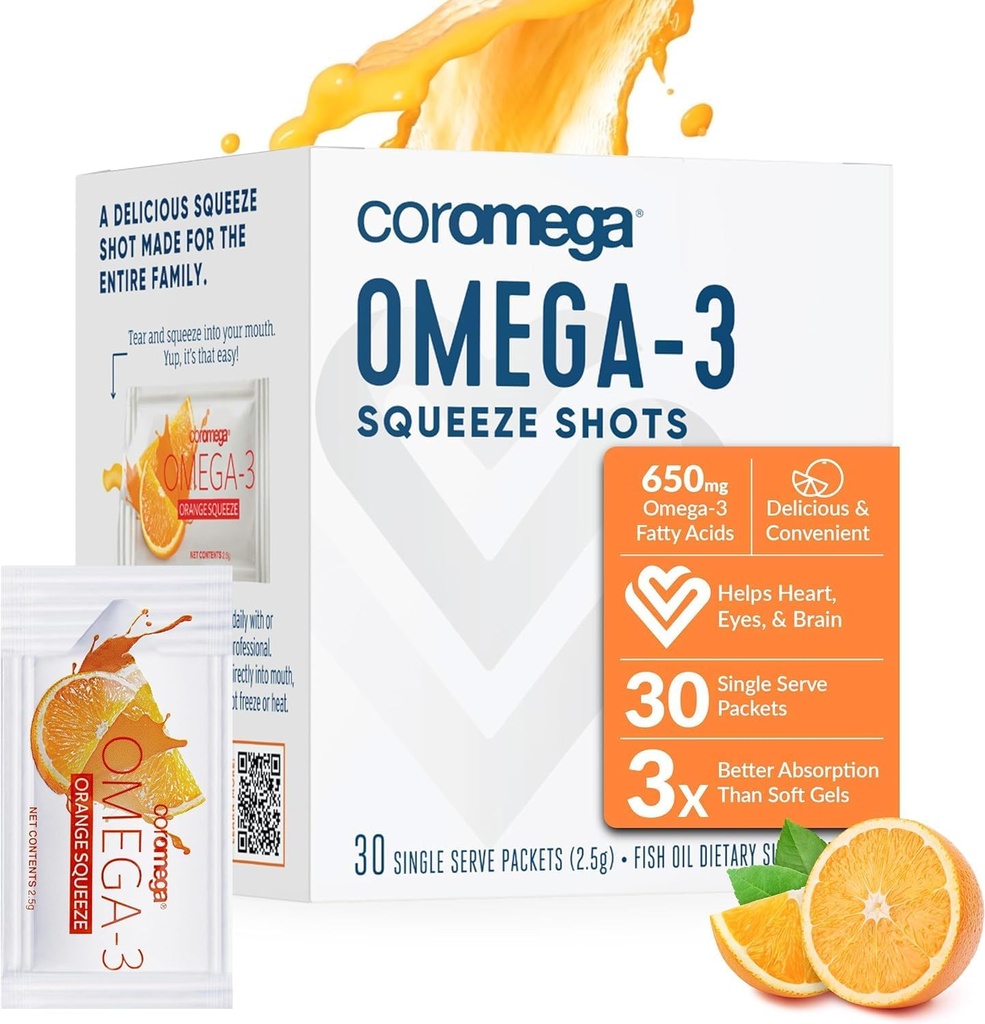 Coromega Omega 3 Suplimentul de ulei de pește, 650mg de Omega-3s cu 3X mai bine de absorbție decât Softgels, Orange Flavor, 30 Pachete de unică servire