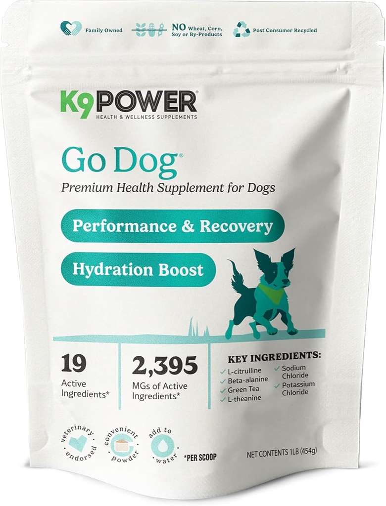 K9 Power Go Dog Hidratare & Performance Drink Mix 1 lb - Active Dog Supplement for Muscle Function, Endurance, Recovery, with Electrolytes Support