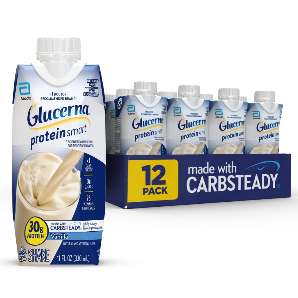 Glucerna Proteine Smart Diabetes Care Shake, Vanilie, Diabetic Masă de înlocuire pentru a sprijini Managementul zahărului din sânge, 30g Proteine, 150 Calorii, gata de băut, 11-fl-oz flacon, 12 ambalaj