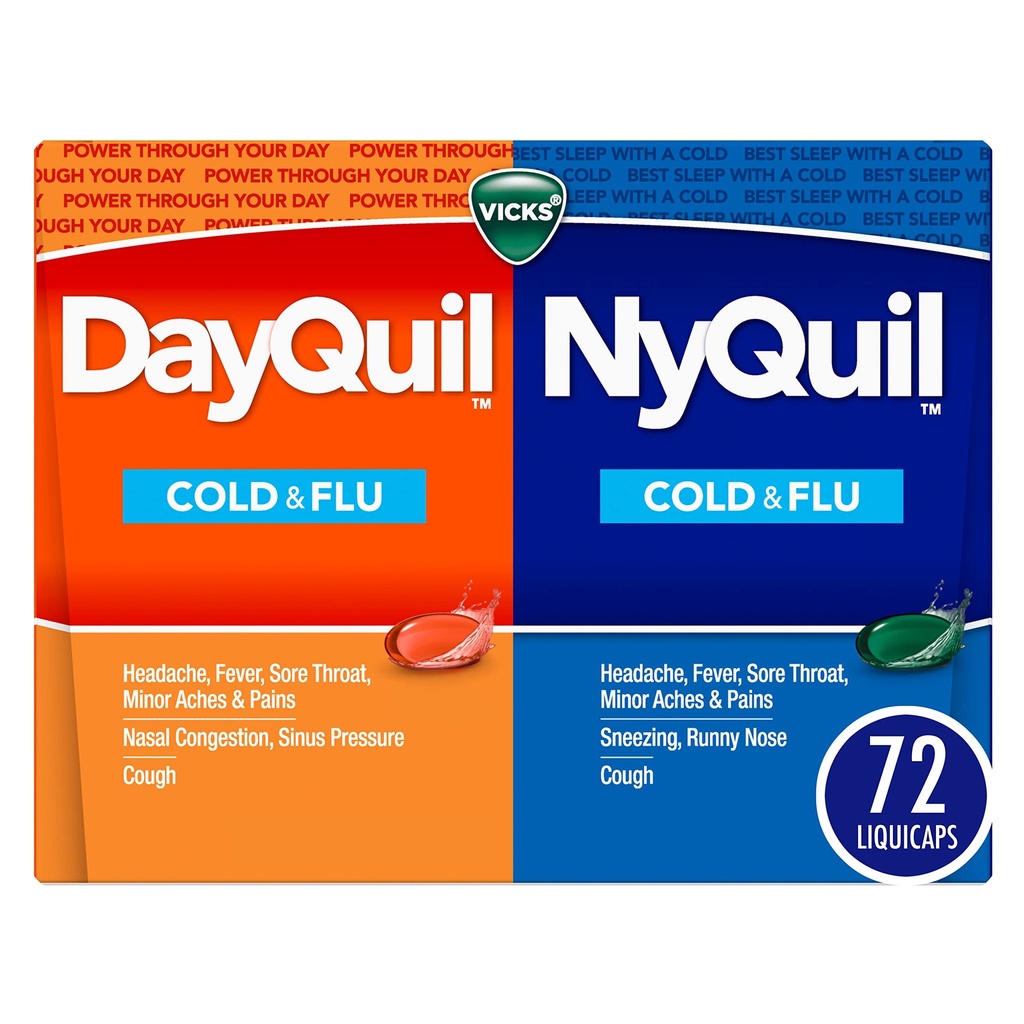 Vicks DayQuil & NyQuil Co-Pack, Rece & Medicina gripală, Puternic Multi-Simptom Daytime & Relief pe timp de noapte pentru dureri de cap, Febră, Sore gât, dureri minore & dureri, & Tuse, 72ct