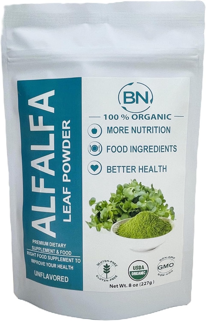 Alfalfa Leaf Powder - Green Superfood Supplement pentru băuturi, ceai, Shakes, Vegan, Gluten Free, Non OMG, Kosher