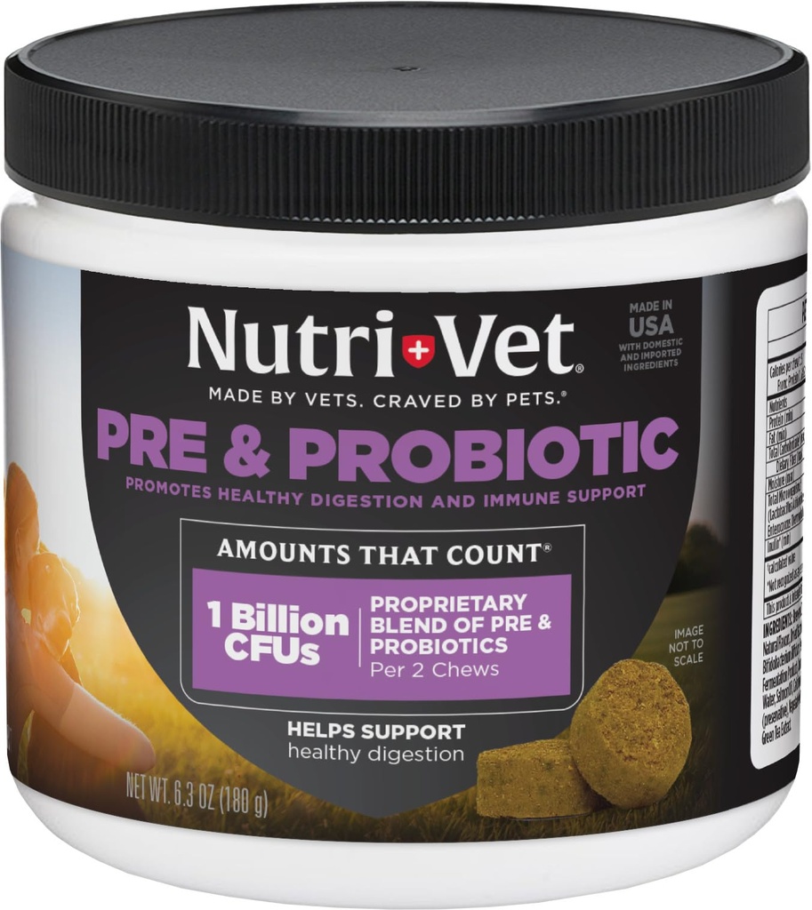 Nutri-Vet Pre & Probiotice pentru câini, Suport digestiv, Stomac supărat, Cățeluș Probiotic, Vitamine și suplimente pentru animale de companie, Probiotice câine, Aroma de ficat și brânză, 120 Chews moale