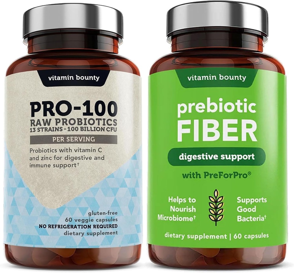 Vitamina Bounty Pro-100 Probiotice & Prebiotic Fiber Bundle: Ultimate Gut Health Support cu 13 Strains, 100 miliarde CFU, zinc & vitamina C, capsule cu eliberare întârziată - 90 capsule