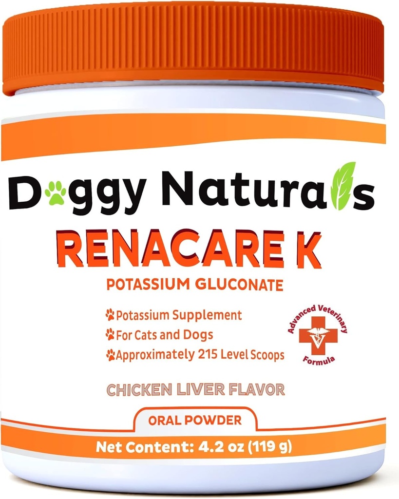 RenaCare K este pentru Renal K (Potasium Gluconate) Supliment de potasiu Pulbere pentru câini și pisici, (4 oz) cu aroma de ficat de pui - 215 Nivel Scoop (Made is U.S.A)