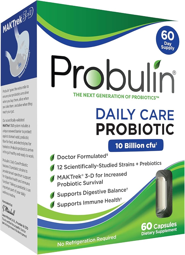 Probulin Daily Care Probiotic Supplement, Digestive, Gut, și Immune Health Support Capsule pentru bărbați și femei, 10 Miliarde CFU, Vegan, 60 Conte Box