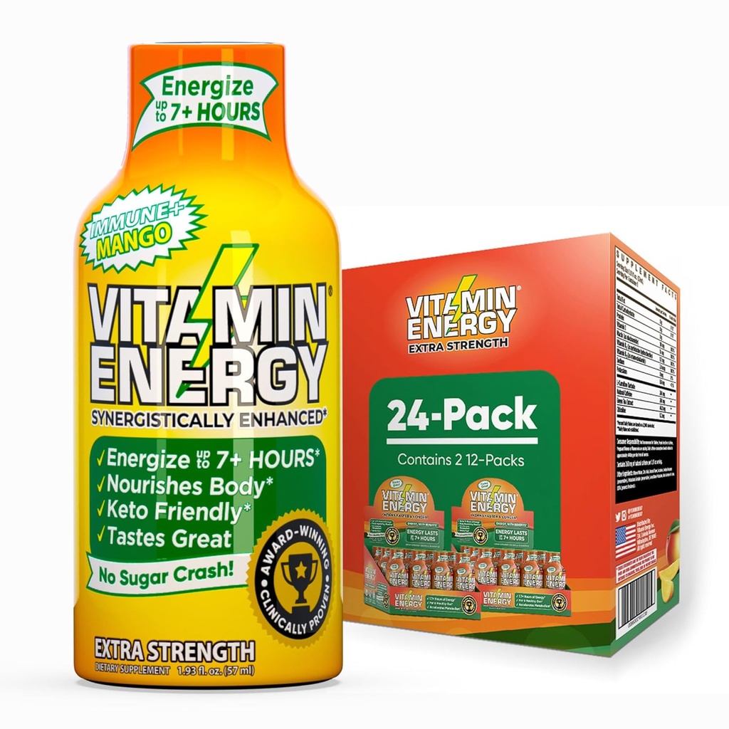 Vitamina Energie Immune+ Extra Putere Energie Shot Mango 24 Pack, 260mg Natural Cafeina, B-Vitamina, Ceai verde, Imunitate & Focus Support, Zero Zahăr, Gluten-Free 1.93 fl oz