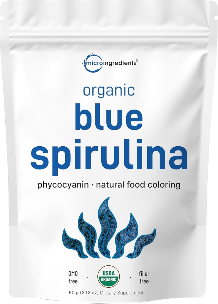 Pudră organică albastră Spirulina (Extract de Phycocianin), 60 Serviri - Fără miros de pește, 100% Proteină Vegană din alge verzi-albastru, produse alimentare luminoase naturale de colorat pentru piureuri, gătit, băuturi și gătit
