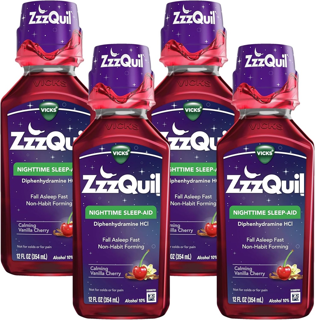 ZzzQuil, Lichid de dormit pe timp de noapte, 50 mg HCl difenhidramină, nr.1 Brand de somn-aid, aroma de vanilie calmantă de cireșe, non-habită, 12 FL OZ (Pachet de 4)