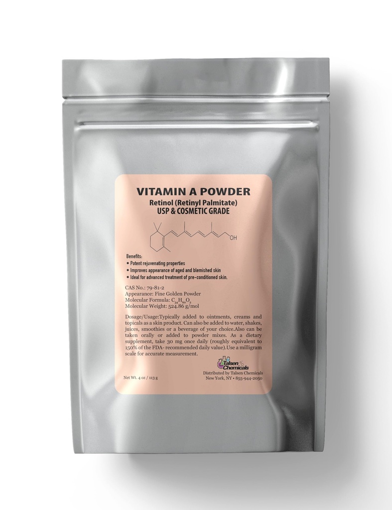 Vitamina A pulbere Retinil Palmitat, Retinol pur praf Vitamina apa solubila Vitamina A Grad USP & Cosmetic (4 oz. / 113 Grams)