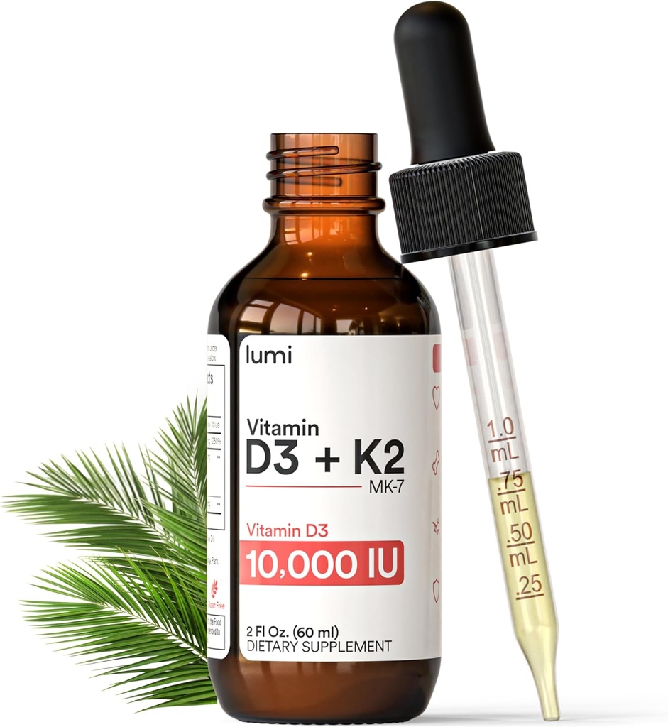 Lumi Vitamina D3 K2 MK7 w Ulei Palm MCT - 10000 UI D3, 200 mcg K2 MK7-60ml Absorbţie lipozomală Picături lichide sublinguale - Non-GMO, Vegan, lichid nearomat - aprovizionare lunară - 2 Fl Oz