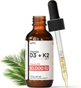 Lumi Vitamina D3 K2 MK7 w Ulei Palm MCT - 10000 UI D3, 200 mcg K2 MK7-60ml Absorbţie lipozomală Picături lichide sublinguale - Non-GMO, Vegan, lichid nearomat - aprovizionare lunară - 2 Fl Oz
