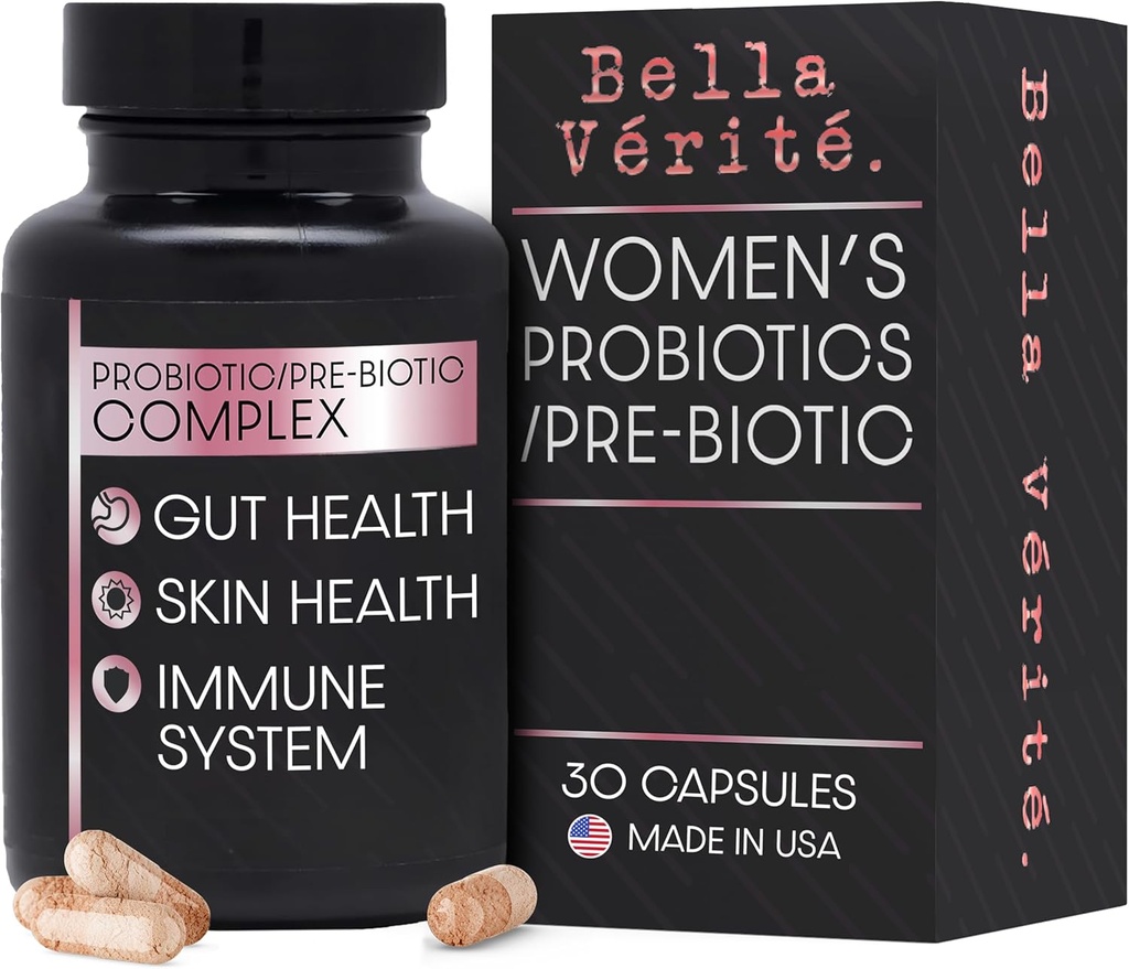 Bella Vérité. Complex probiotic şi prebiotic - Suport Femeii Digestive & Gut Health - 3.45 Miliarde CFU Lactobacillus Probiotics for Clearer Skin - Daily Probiotic Supplement (30 Capsule vegetariene)