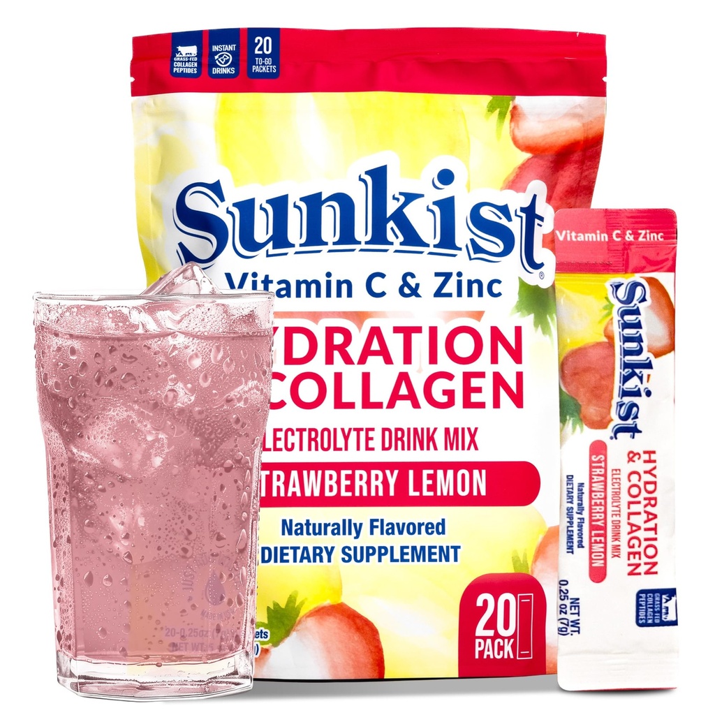 Frozen Bean Sunkist Collagen Drink Mix - Hidratare Strawberry Lemon Electrolyte băutură pentru femei cu vitamina C, Zinc, Colagen Peptides, aroma natural - 20 Pack