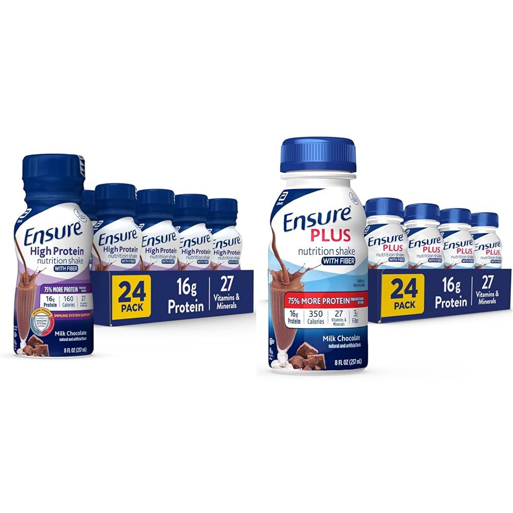 Asiguraţi-vă Shake nutriţional cu proteine mari cu fibre & Asiguraţi- Plus Shake nutriţie cu fibre, 16 grame de proteine, Masă de schimb lichid, Lapte ciocolată, gluten gratuit, 8 Fl Oz (Pachet de 24)