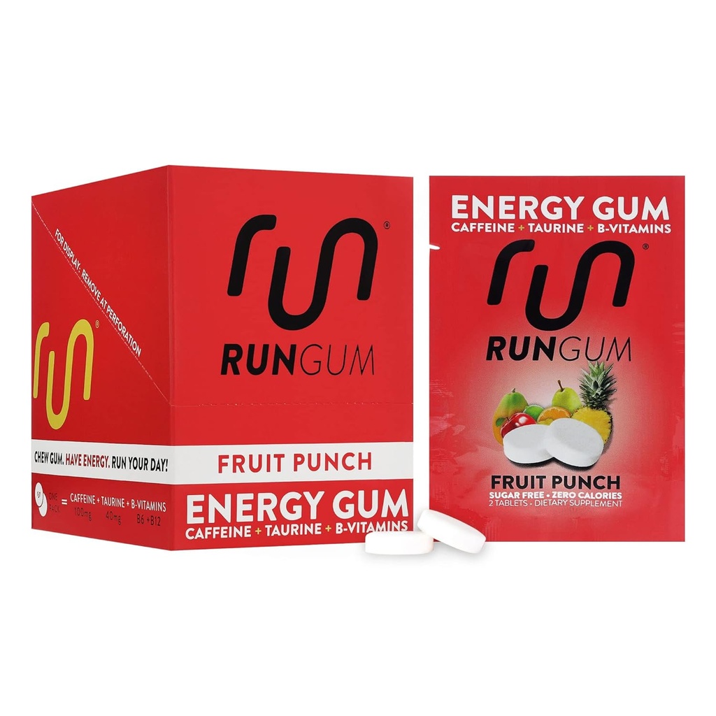 RUN GUM Fructe Punch Energie Gumă de mestecat 50mg Cafeină Taurină & B-Vitamina pe bucată, 24 Piese (Pachet de 12) Zahăr liber, Zero Calorie, Nu Aspartame, și Gluten gratuit, 1 ea