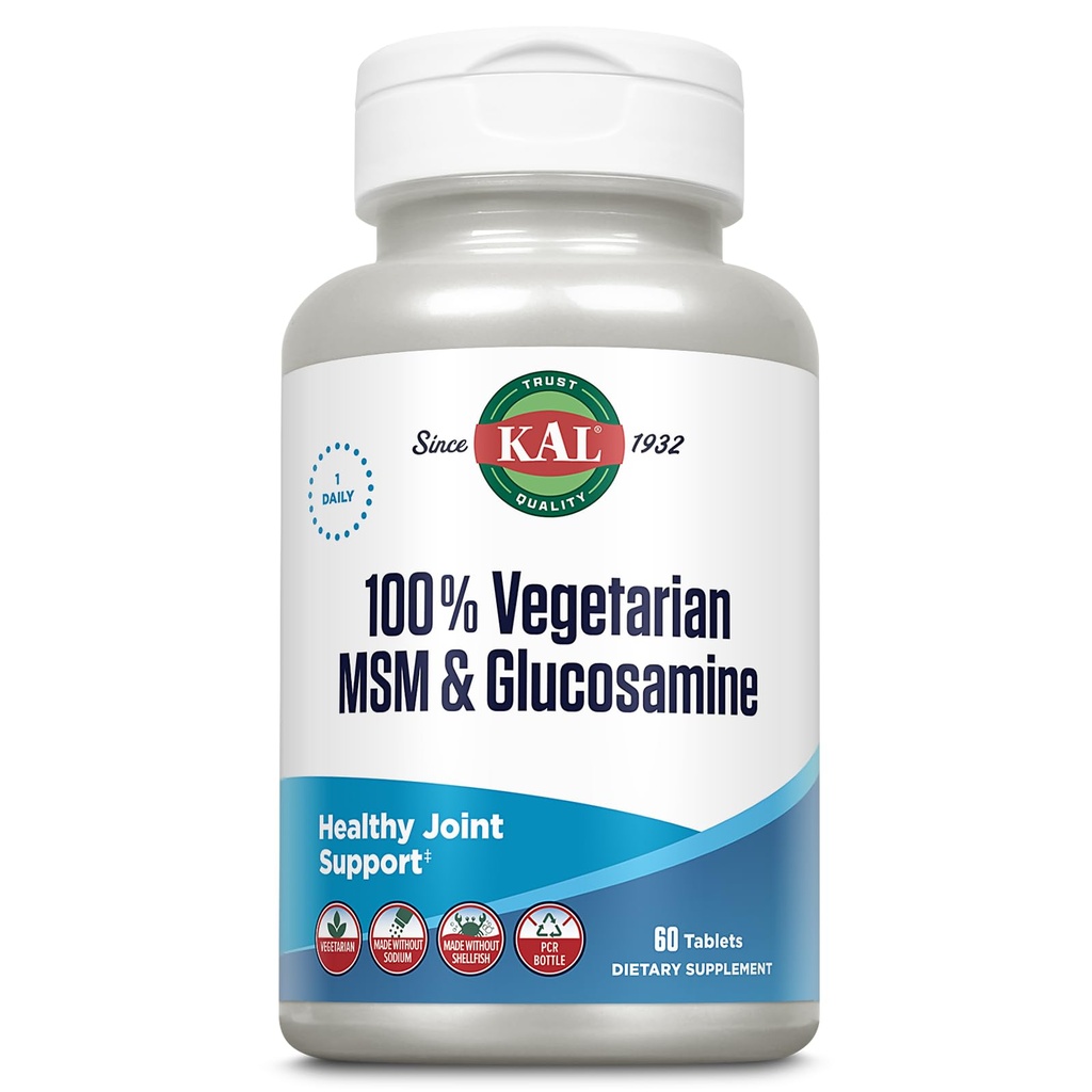 KAL 100% Vegetarian MSM & Glucosamină - Asistenţă comună sănătoasă - Glucosamină Vegană şi Supliment MSM - Produse fără peşte Shellfish - Lab Verificate - 60 de zile Garanţie - 60 Serviri, 60 comprimate