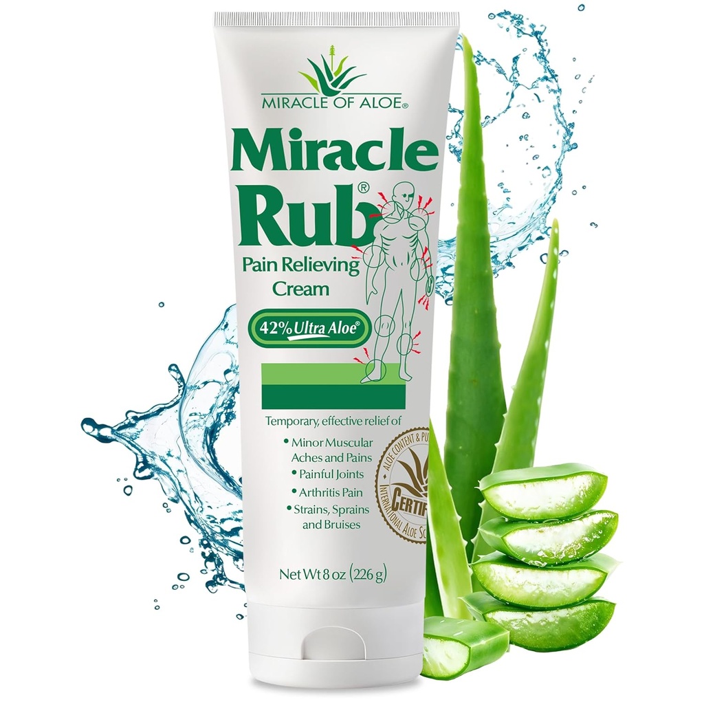 Miracolul de Aloe Rub Durere Rub Relieving Cream 8 oz, Rapid și eficient pentru Artrită, dureri musculare și articulare - Formulă maximă de rezistență UltraAloe, Analgesic Topic