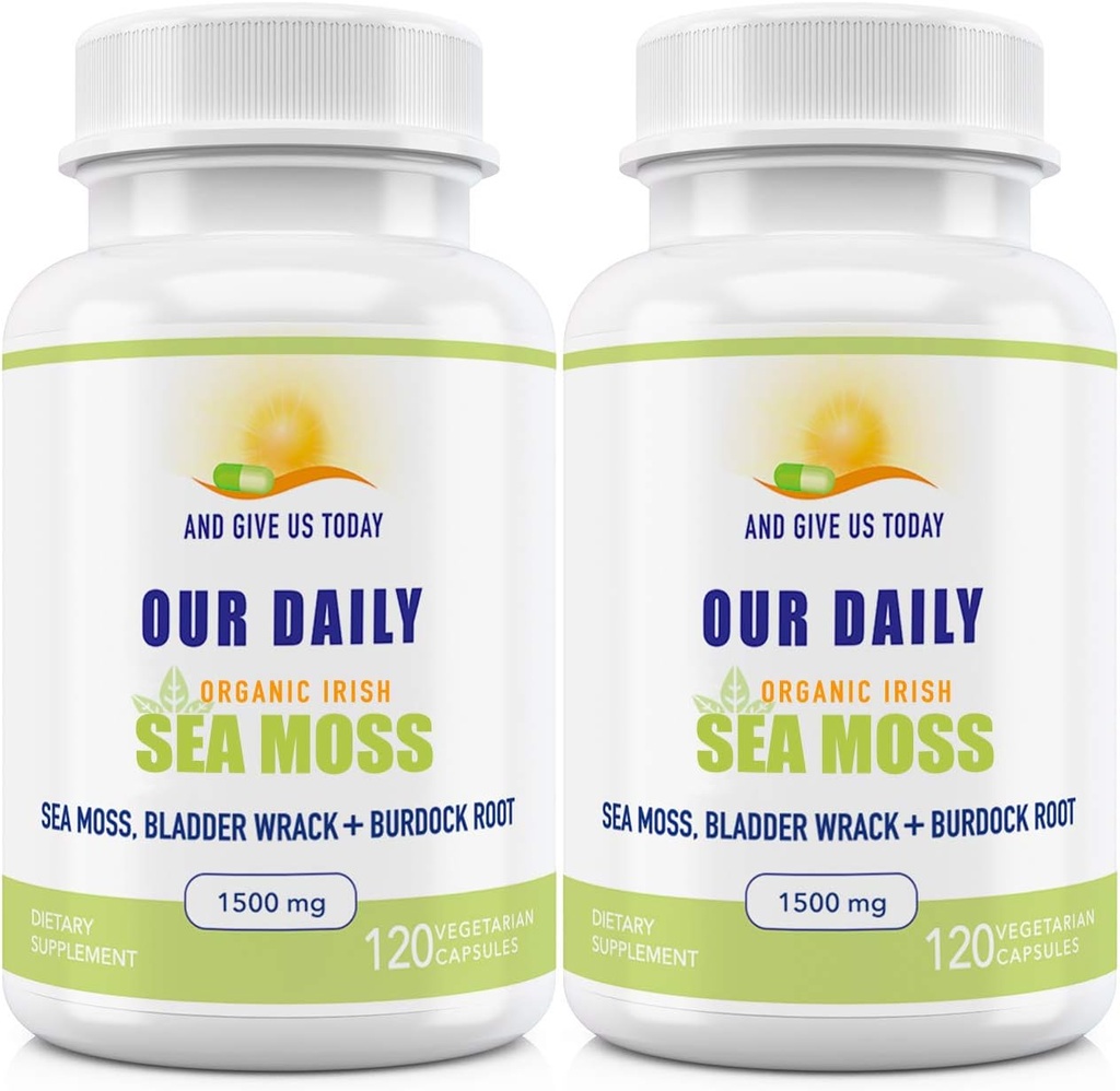 Capsulele noastre Daily Vites Sea Moss 1500mg (2 ambalaj) - Wildcrafted Irish Sea Moss Bladderwrack și Braddock Root Superfood Blend - Sistemul imunitar, Gut Health & Suport tiroidian - 240 Capsule vegetariene
