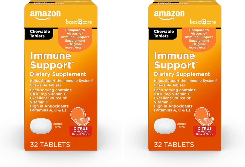 Amazon Basic Care Immune Support Citrus Chew Tablets, 32 Count (Pachet de 2)